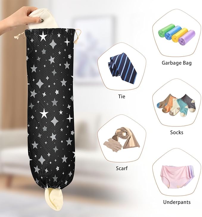 Plastic Bag Holder Wall Mount Grocery Bag Shopping Bag Storage Holder Organizer Dispenser with Adhesive Hook,for Kitchen Bathroom Home Decor 9x22inches Black Stars