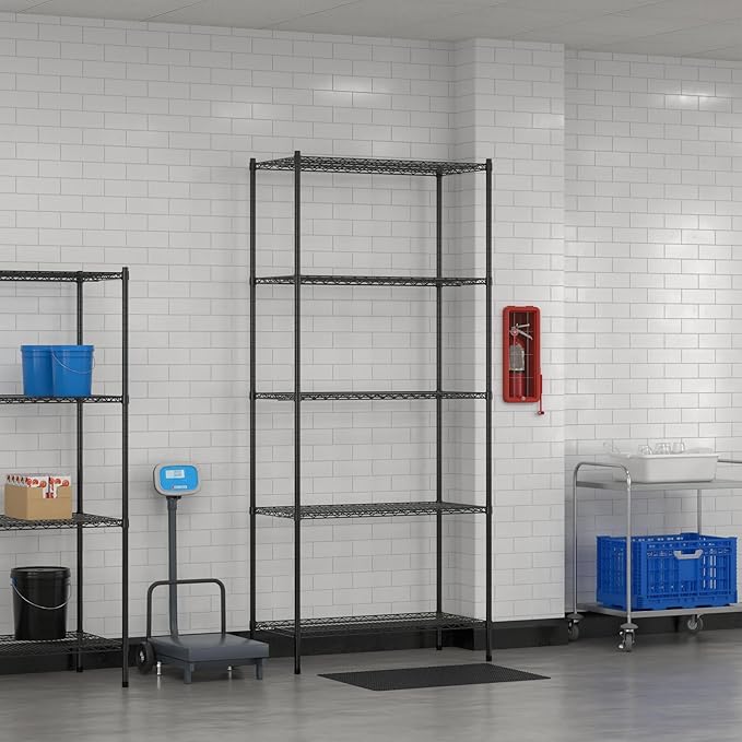Commercial NSF Listed Black Epoxy Stationary Wire Shelving Kit 21" x 42" x 96", with 5 Shelves Perfect for Warehouse, Walk-in Refrigerator, Freezer, Grocery Store, Restaurant, Dishroom