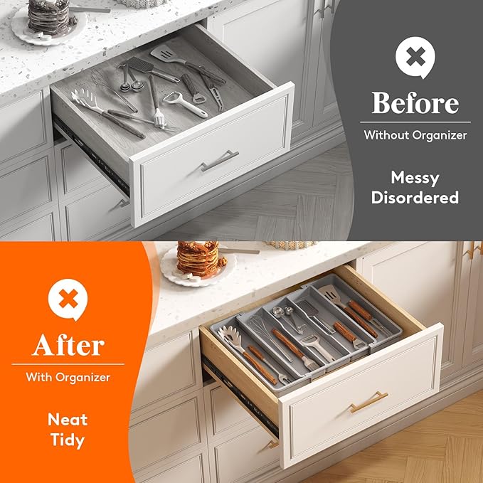 Lifewit Cooking Utensil Drawer Organizer, Expandable from 11 to 18 inches, Adjustable Cutlery Silverware Tray, Plastic Flatware Spatula Holder, Kitchen Tools Gadgets Storage Divider, Gray