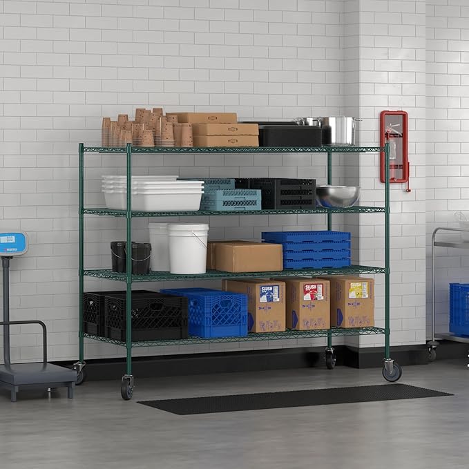 Commercial NSF Listed Green Epoxy Mobile Wire Shelving Kit 30" x 72" x 60", with 4 Shelves Perfect for Warehouse, Walk-in Refrigerator, Freezer, Grocery Store, Restaurant, Dishroom