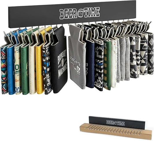 Magnetic Can Cooler Holder Storage Wall Mount, Cooler Organizer Rack with 20 Rotatable Metal Hooks, Adhesive Drink Cooler Dispenser, Wooden Beer Sleeve Accessories for Fridge & Wall, Rust-Resistant