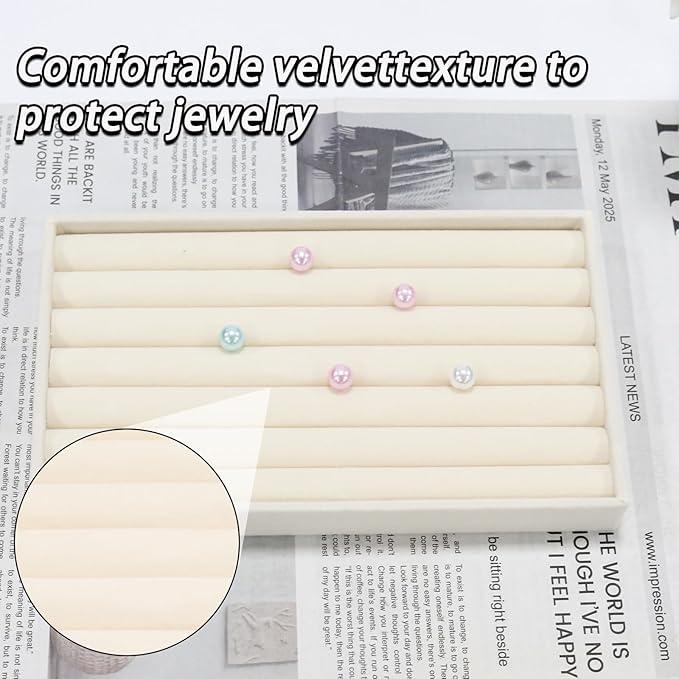 Velvet Jewelry Organizer Trays Beige Stackable Jewelry Storage Display Tray with Removable Dividers, 8 Rolls