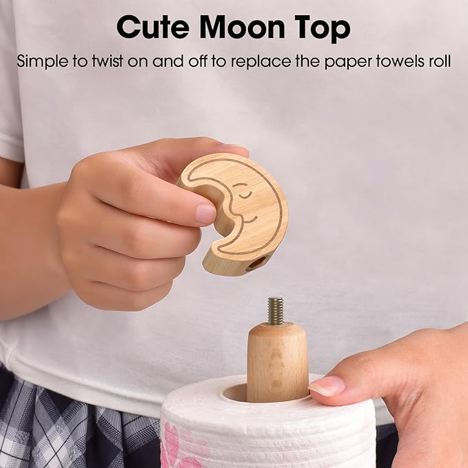 KitchLife Cute Wooden Paper Towel Holder Countertop - Solid Freestanding Paper Towel Dispenser Stand Organizer with Anti-Skid Base (Moon)