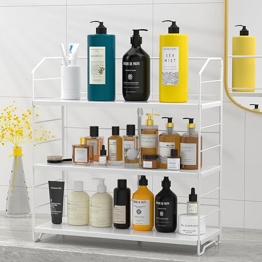 Bathroom Countertop Organizer, 3-Tier Bathroom Counter Organizer, 8-Levels Height Adjustable, Bathroom Organizer for Kitchen, Livingroom, Office Storage, Metal White