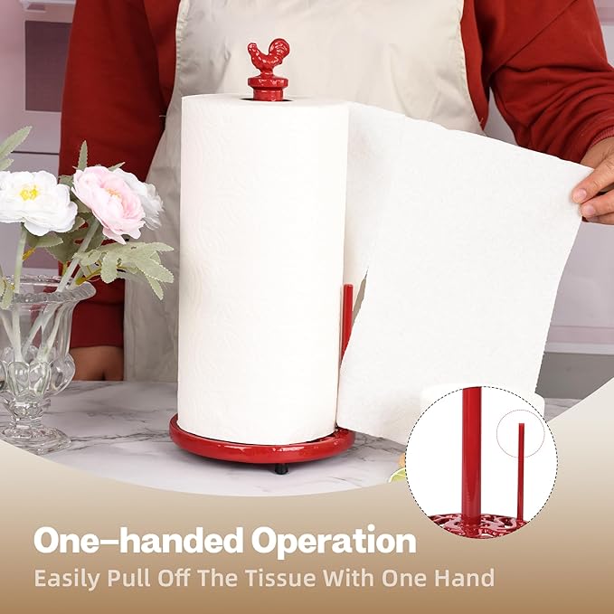 Vintage Rooster Paper Towel Holder - Easy One Handed Tear Cast Iron Roll Paper Towel Dispenser Countertop, Red