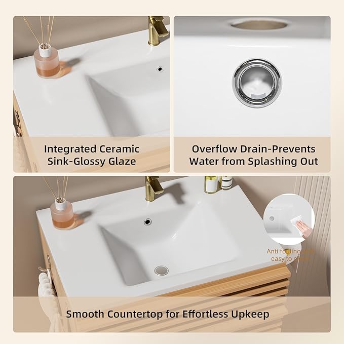 VNN 24 Inch Bathroom Vanity with Ceramic Sink - Freestanding Storage Cabinet with Fluted Design, Soft-Close Doors and Shelves, Compact Modern Storage for Small Bathrooms/Powder Rooms, Natural Oak