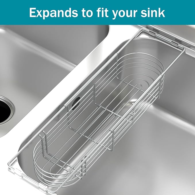 Sink Caddy Sponge Holder Kitchen Sink Organizer, Telescopic sink organizer rack for kitchen Expandable 13.4" to 17.1", Stainless Steel