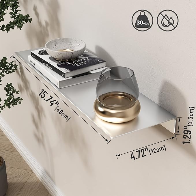 Danpoo Adhesive Floating Shelves for Wall Storage, Metal Wall Shelves for Living Room, Bathroom, Kitchen, 16” Display Shelves for Collectibles(Silver, 2 PCS)
