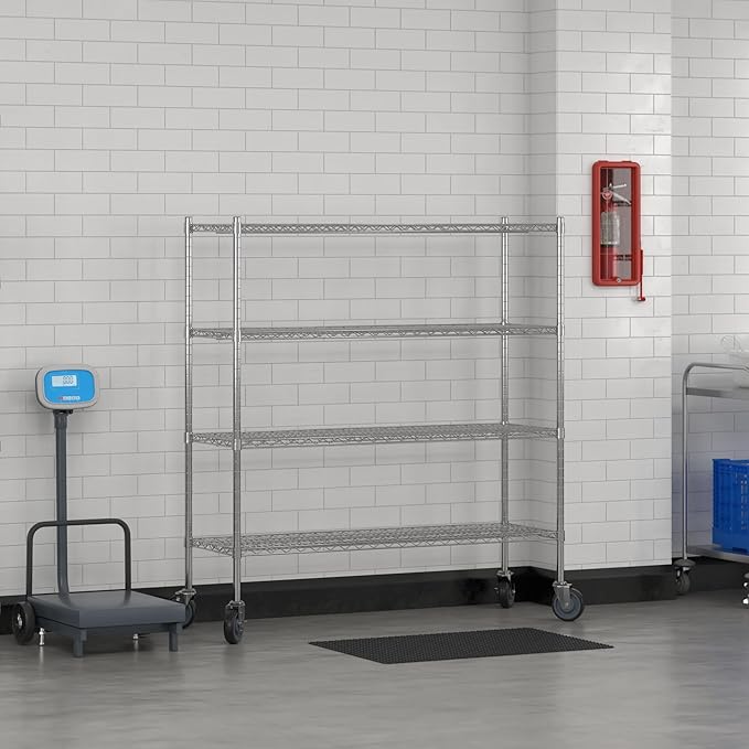 Commercial NSF Listed Chrome Mobile Wire Shelving Kit 18" x 54" x 60", with 4 Shelves Perfect for Warehouse, Walk-in Refrigerator, Freezer, Grocery Store, Restaurant, Dishroom