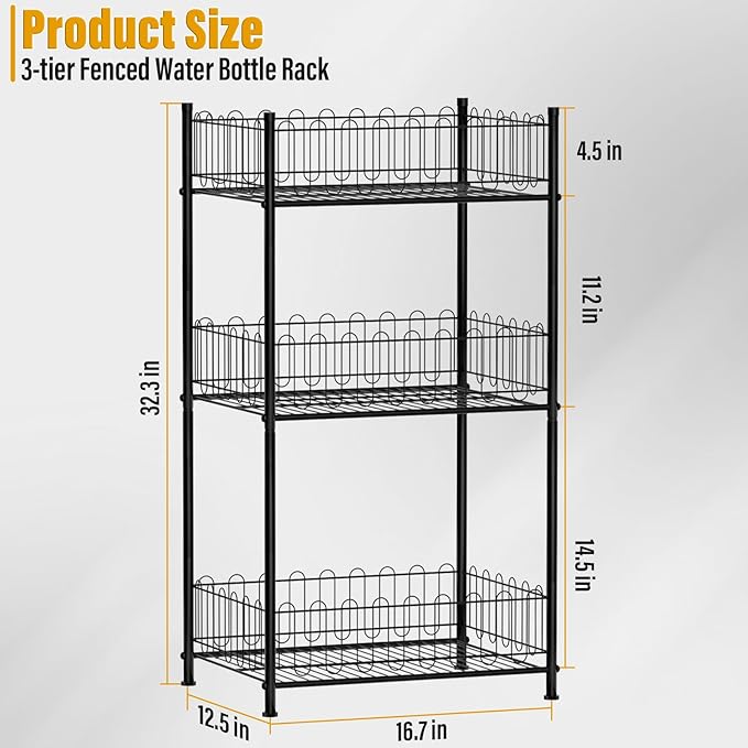 Vrisa 3 Tier Water Bottle Holder Fenced Freestanding Bottled Water Organizer Stand Beverage Drink Soda Can Storage Rack for Pantry, Kitchen, Home Party, Classroom