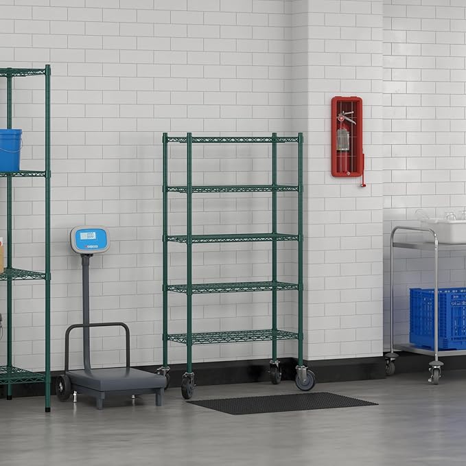 Commercial NSF Listed Green Epoxy Mobile Wire Shelving Kit 14" x 30" x 60", with 5 Shelves Perfect for Warehouse, Walk-in Refrigerator, Freezer, Grocery Store, Restaurant, Dishroom
