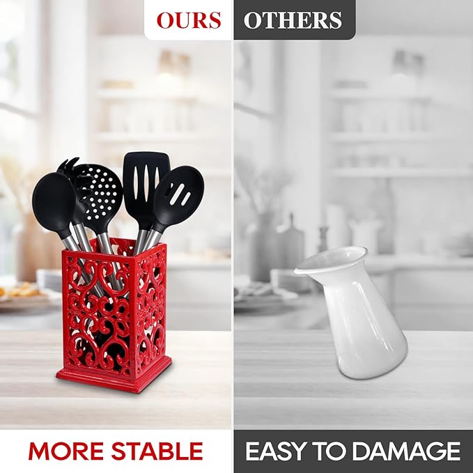 jogreful Utensil Holder, Cast Iron Kitchen Utensil Crock for Countertop, Extra Large Utensil Organizer with Weighted-Base, Housewarming Vintage Decor, Vine Pattern, Red