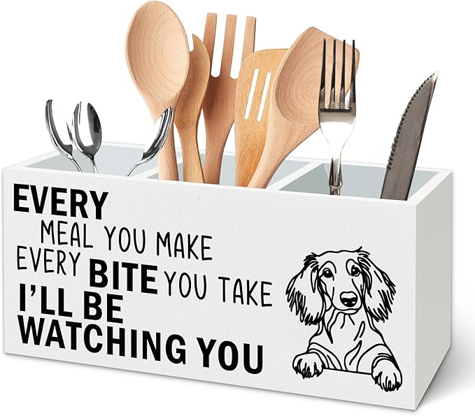 Dachshund Dog Kitchen Utensil Holder for Countertop, Dog Decorative Lover Gifts, Funny Every Meal You Make Every Bite You Take Wooden Utensil Holder Organizer for Kitchen Table Decor