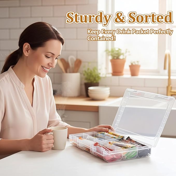 Drink Packet Organizer – Stackable Clear Acrylic Water Flavor Packet Organization with Removable Dividers & Secure Lid for Kitchen, Countertop