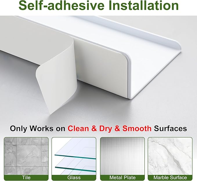 SAYAYO White Floating Shelves for Wall Storage, 16 Inch Adhesive Wall Shelves for Bedroom Decor, Small Display Bathroom Shelf Organizer for Kitchen, Living Room, Office, 2pcs