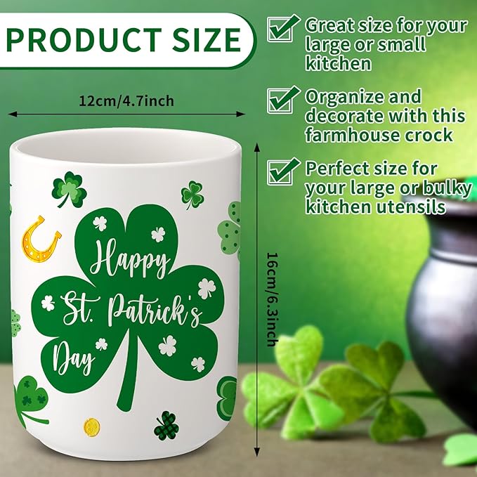 Qinyoung 6.3'' St. Patrick's Day Ceramic Utensil Holder Kitchen Decoration Irish Shamrock Decoration Spring St. Patrick's Green Utensil Holder Shamrock Utensils Crock for Farmhouse Indoor Kitchen Gift