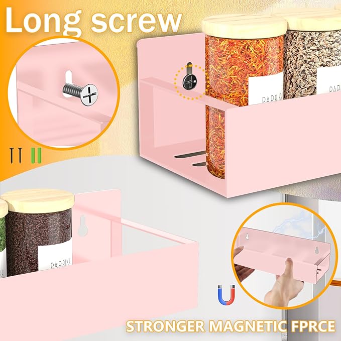 SMRCAD Magnetic Spice Rack for Refrigerator Seasoning Organizer for Spice Fridge Shelf storage Magnetic Shelf with Hook for Oven (4pack-Pink)