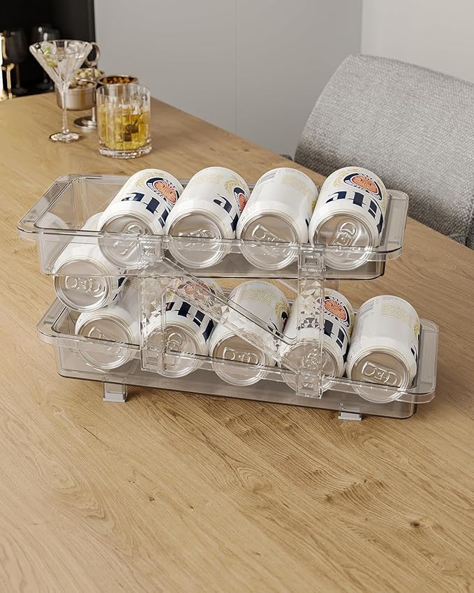 Stackable Clear Soda Can Beverage Pop Can Holder Dispenser 13.77”D X 9. 37”W X 6.41”H Expandable Refrigerator Organizer Holds 10 Cans For Pantry, Kitchen Storage