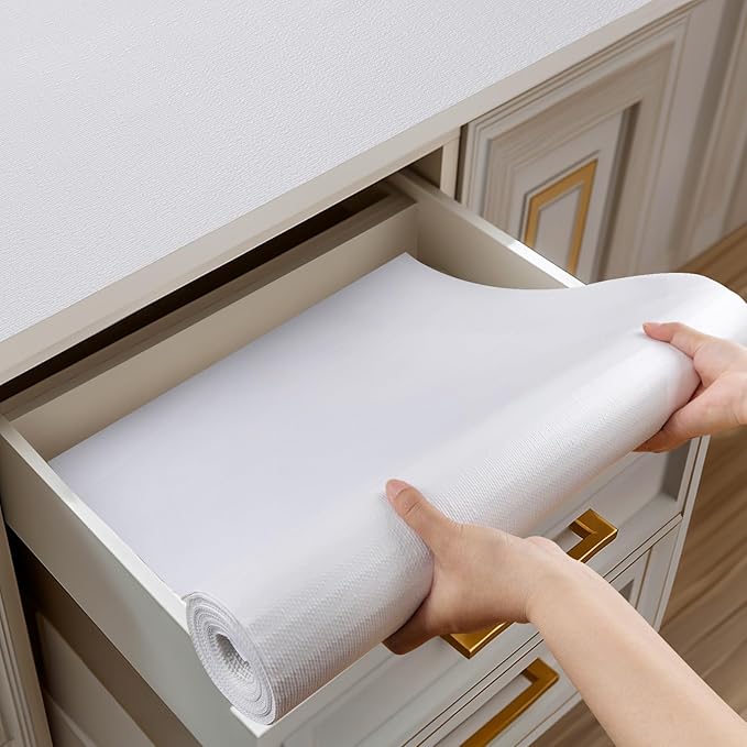 Shinlendid Shelf and Drawer Liner for Kitchen Cabinets Non-Adhesive, Strong Grip Non-Slip Thickened Cabinet Liners for Shelves, Waterproof Mats for Dresser Cupboard, White, 17 in x 20 Feet