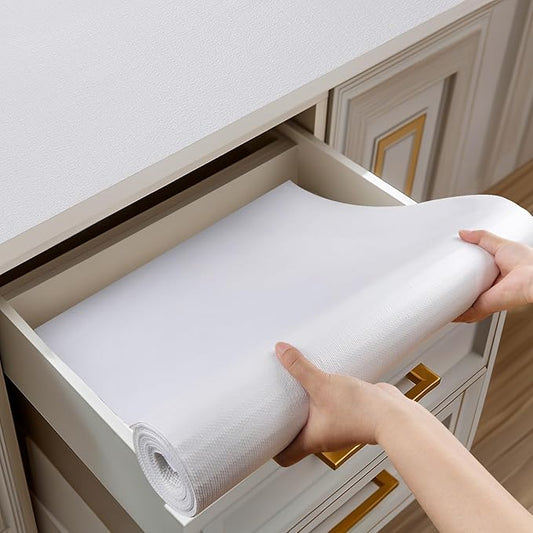 Shinlendid Shelf and Drawer Liner for Kitchen Cabinets Non-Adhesive, Strong Grip Non-Slip Thickened Cabinet Liners for Shelves, Waterproof Mats for Dresser Cupboard, White, 12 in x 10 Feet