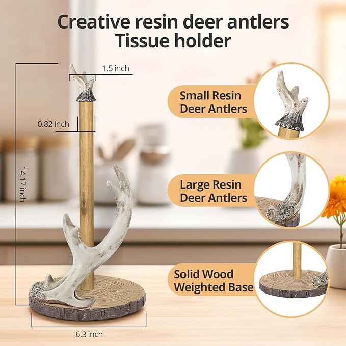 Antler Ridge Paper Towel Holder，with Microfiber Tearable Rags Countertop Paper Towel Holders, Vintage Standing Paper Towel Holder for Kitchen, Bathroom, Table Kitchen Decor 15.5''x6.5''
