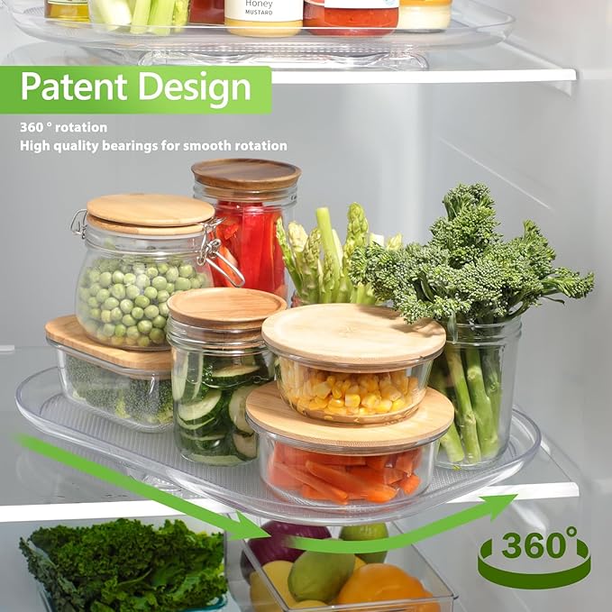 360° Rotating Tray for Refrigerator, Clear Lazy Susan Organizer with Anti Slip Design, Rectangular Fridge Turntable Organizers for Cabinet, Pantry, Kitchen, Bathroom (S)