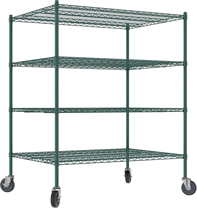Commercial NSF Listed Green Epoxy Mobile Wire Shelving Kit 36" x 48" x 60", with 4 Shelves Perfect for Warehouse, Walk-in Refrigerator, Freezer, Grocery Store, Restaurant, Dishroom