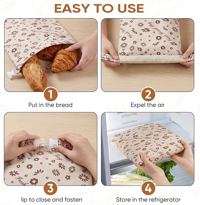 Beeswax Bread Bags for Sourdough 17in*12in Sealed Bag with Snap Closure Reusable Cotton Beeswax Bag for Homemade Bread Freezer-Friendly Freshness Preservation Food Storage 2 Pack（Brown Flowers）