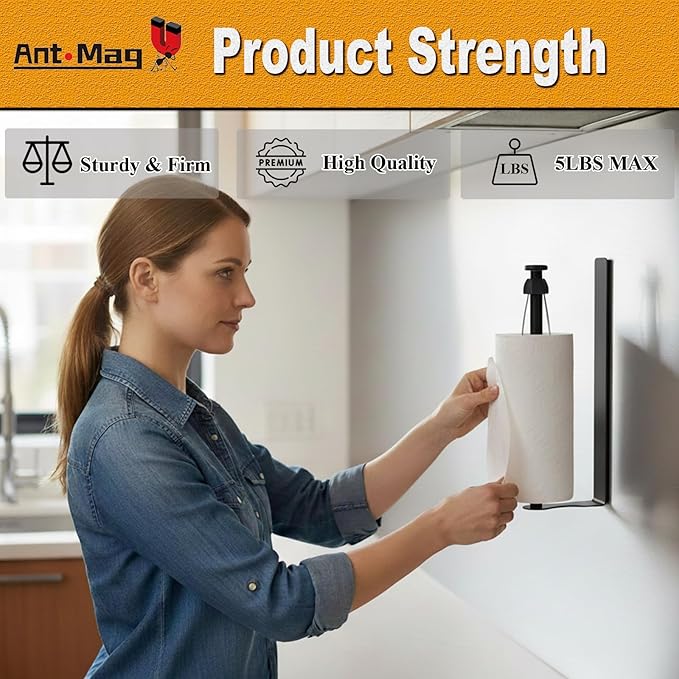 Ant Mag Magnetic Paper Towel Holder with One Hand Paper Tear and Adjustable Damping Effect Strong Magnet Ideal for Kitchen Refrigerator Cruise & Grill,Black