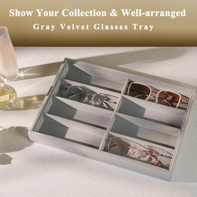 Glasses Holder Box Drawer Sunglass Organizer for Men Clear Wide Storage Case 8 Slots Multiple Reading Glasses Display, Gray Velvet