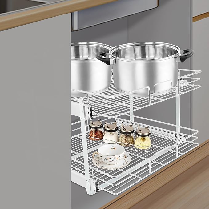 2 Tier Pull Out Cabinet Organizer 24 "W X 22 "D, Double Wire Basket Sliding Shelf, Pull Out Drawer for Kitchen Cabinets, Base Cabinet Organization for Kitchen, Bathroom, Pantry, Chrome (Silver)
