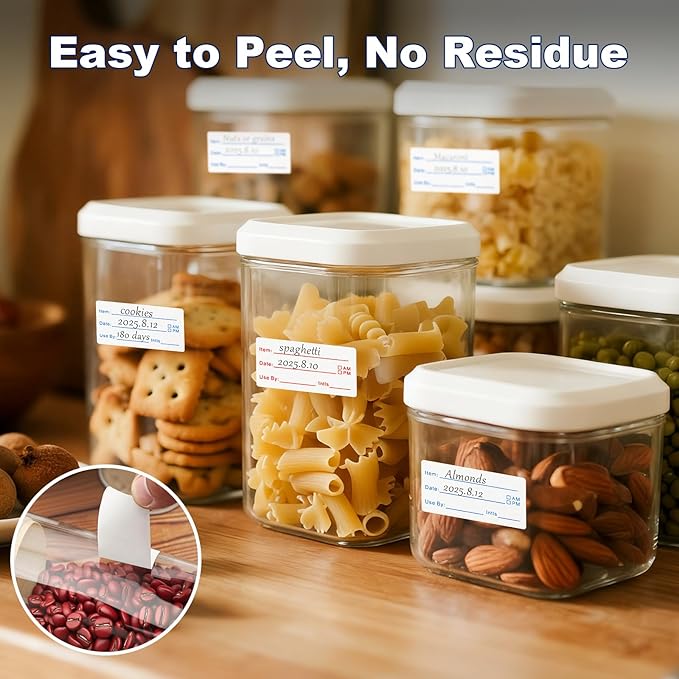 Sinoome 1200 Pieces Removable Food Labels Stickers, 2 Rolls 1x2 Inch Freezer Labels for Food Containers, No-Residue, Easy Clean, Waterproof & Oil-Resistant Food Storage Labels for Kitchen Restaurants