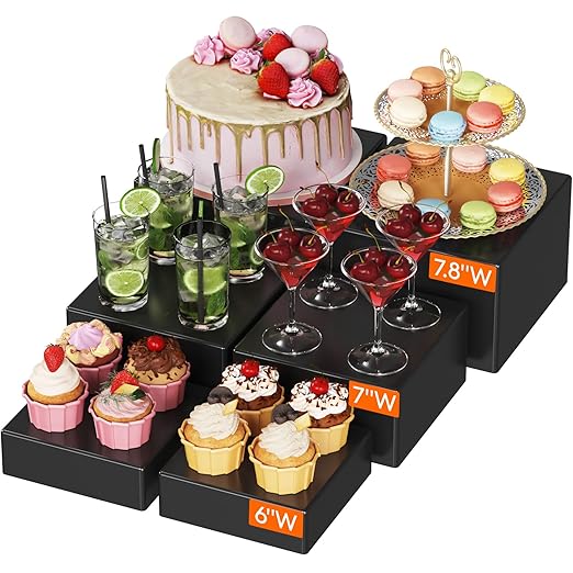 Lifewit 6 PCS Buffet Risers and Stands, Food Risers for Buffet Table, Catering Dessert Cake Holder for Party, Collectibles Jewelry Display Shelf, Nesting Cube Boxes, Black, (6",7",7.8")