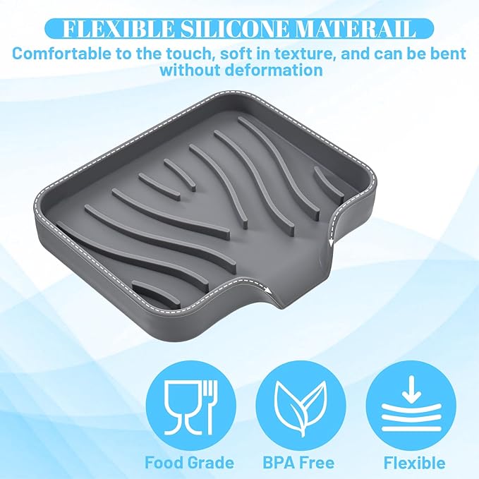Grevosea Kitchen Sink Sponge Holder, Silicone Dish Sponge Holder with Drain Spout Soap Dish Tray for Shower Bathroom Scrubbers Kitchen Sink Organizer Accessories (Grey, 4.9x3.9 Inch)