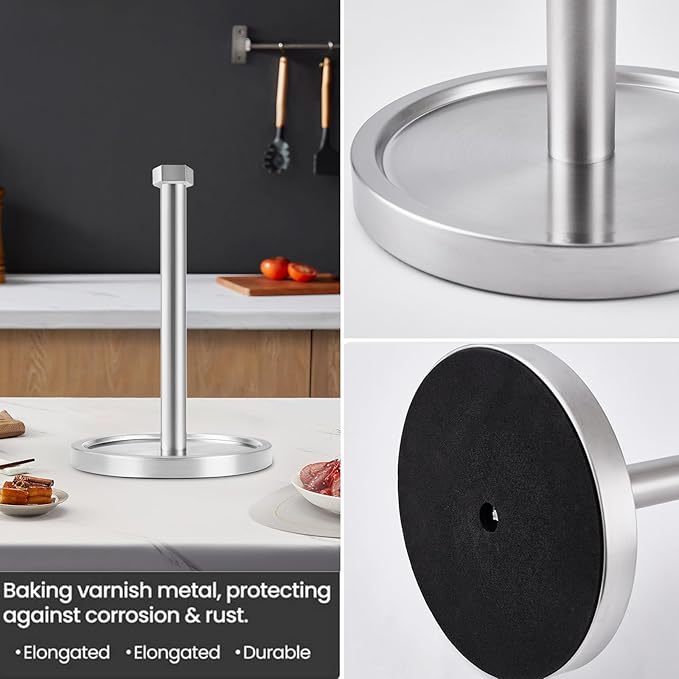 Paper Towel Holder Countertop, Stainless Steel Paper Towel Holder -Weighted Base, One-Handed Tear, Black Kitchen Roll Holder, Non-Slip Protect The countertop-New Silver