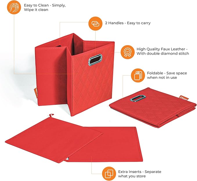 FH Group JIAessentials 11" Faux Leather Foldable Storage Cube Bins Set of 2 – Red Diamond Patterned Organizers with Handles for Closet & Shelves