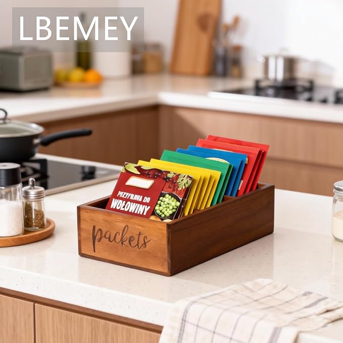 Packet Organizer, Acacia Wood Packet Storage Organizer with 3 Compartments,Farmhouse Kitchen Organization for Spice, Gravy, Taco, and Dressings Packets for Kitchen, Brown Labeled Packets