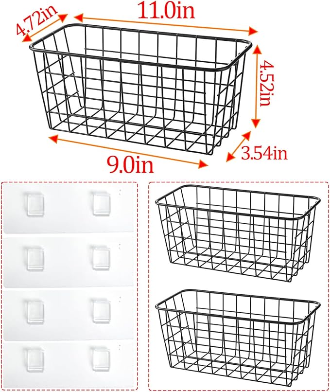 Black Hanging Wall Baskets,inside cabinet door organizer,Adhesive Wire Wall Storage Baskets for Pantry and organizer, Kitchen onion Food photo Bathroom,No Drilling Wall Mounted Basket,2 Pack