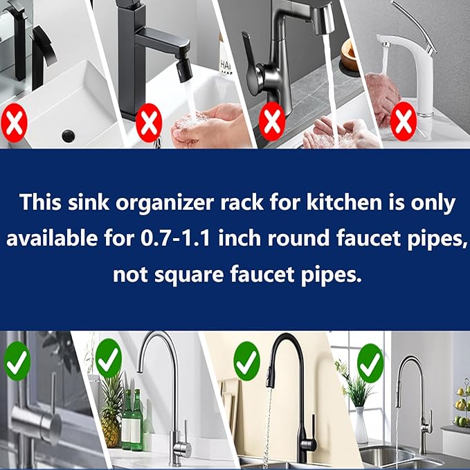 DURAUSE Kitchen Sink Faucet Organizer Multifunction Sponge Holder Organizer Sink Drain Holder Over Faucet Kitchen Sink Caddy with Hook Adjustable for 0.7-1.1inch Round Water Pipe (Black, S)
