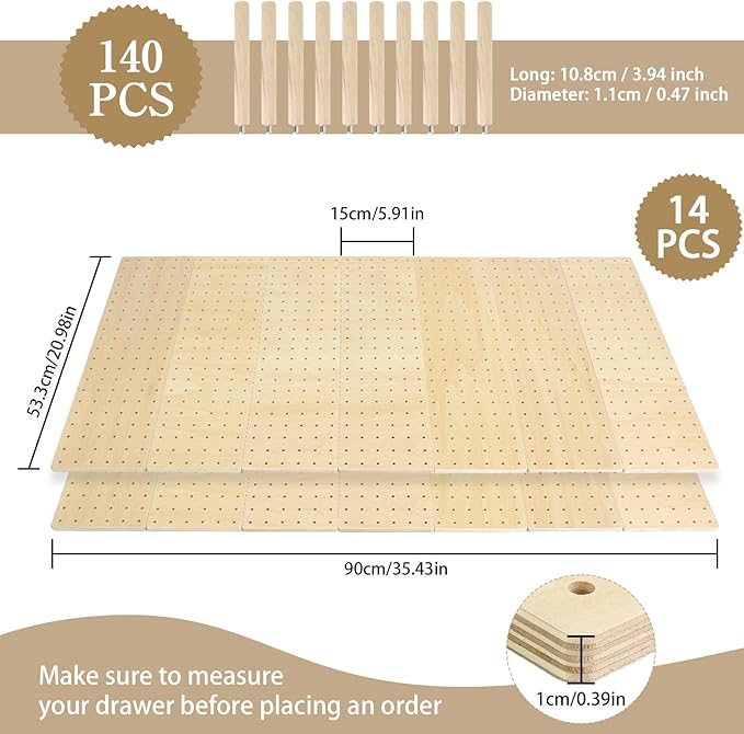 14 Pcs Pegboard Drawer Organizer with 140 Wood Peg 21 Inch Wooden Plate Utensils Organizer Dishes Storage Drawer Dividers, for Kitchen (Wood Color)