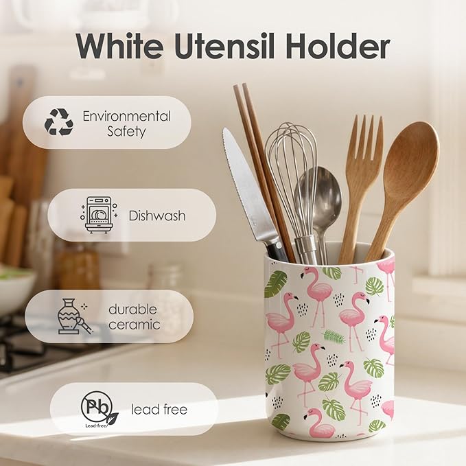 Utensil Holder,Pink Countertop Ceramic Utensil Holder Large Cooking Utensil Crocks for Kitchen Counter Decor, Morden Organizer,Ceramic Vase for Kitchen Utensils, Spatula Rack,6.3"+4.7"(Flamingos)