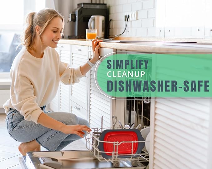 Comfify XL Large Kitchen Strainer - Collapsible Silicone Over-The-Sink Colander with Extendable Handles - Use with Pasta, Fruit, Berries & Veggie - 6 Quart - Red