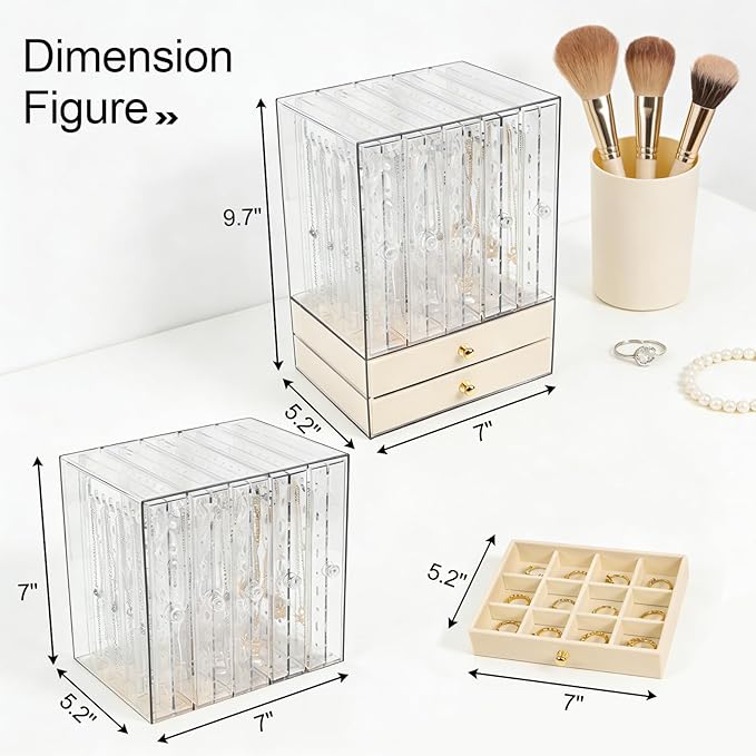 Greenfeather Jewelry Organizer with 7 Removable Drawers, Clear Acrylic Jewelry Box with 40 Necklace Hooks, 120 Pairs of Earring Holes, 2 Velvet-Lined Drawers for Rings, Necklaces, Earrings,Off-White