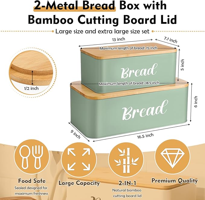 2 Pcs Extra Large Bread Box with Slicer, Metal Farmhouse Bread Storage Container with Bamboo Cutting Board Lids Multi-size Breadbox Set for Kitchen Countertop (Sage Green)