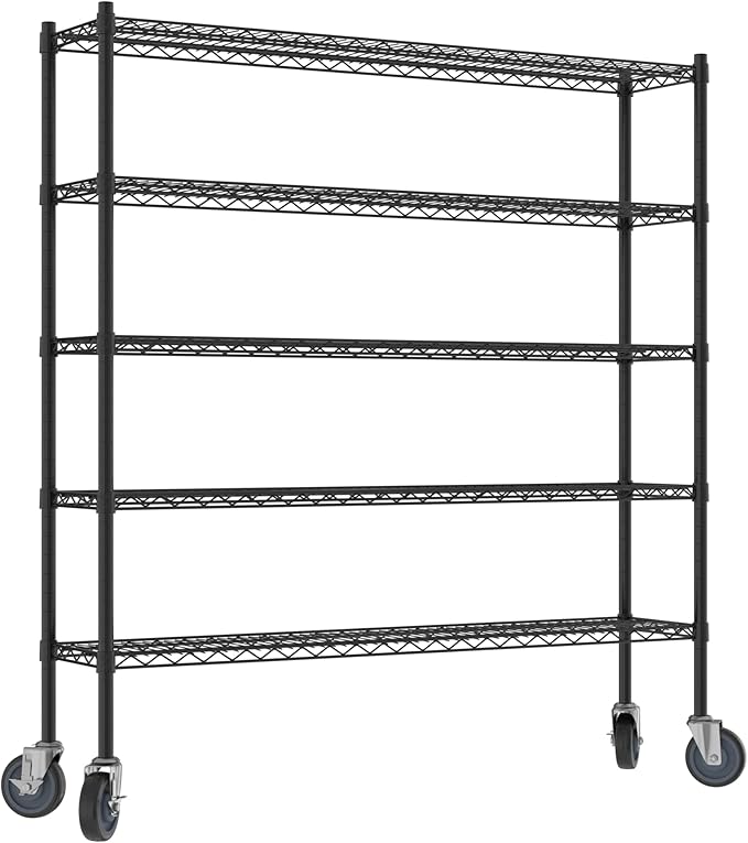 Commercial NSF Listed Black Epoxy Mobile Wire Shelving Kit 12" x 54" x 60", with 5 Shelves Perfect for Warehouse, Walk-in Refrigerator, Freezer, Grocery Store, Restaurant, Dishroom
