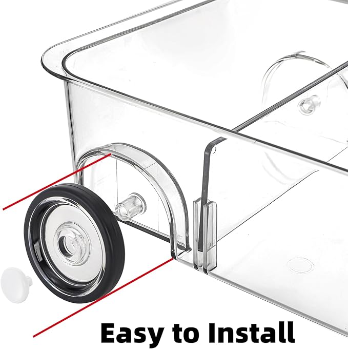 YIMITEE 2 Pack Refrigerator Organizer Bin with Wheels, Roll Out Pantry Storage with Dividers, Clear Plastic Refrigerator Drawer, Upgrade Thick Fridge Caddy for Under Sink, Kitchen Organization