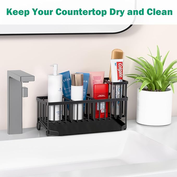 TomCare Extra Large 11'' Sink Caddy With Drain Tray Non-slip Kitchen Sink Organizer With 2 Adjustable Dividers High Brush Holder Rustproof Sponge Holder Kitchen Storage Accessories for Counter