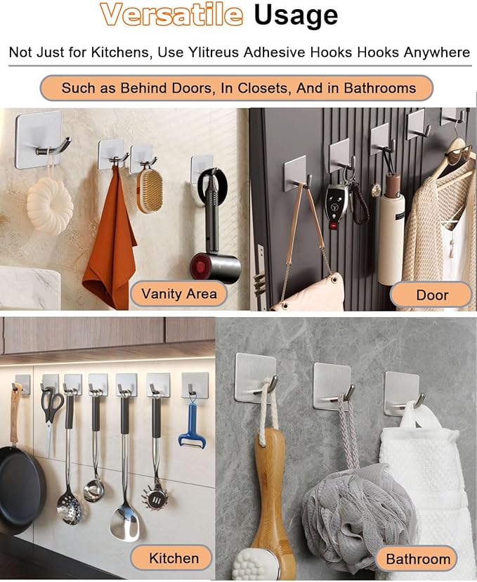 EDMILE 8 Pack Adhesive Wall Hooks, Self-Adhesive Hooks for Bathroom, Door Back Stick-On Towel Hooks, Hanging Coat Hat Key Washcloths Aprons Oven Mitts for Kitchen Shower Garage Home, Silver