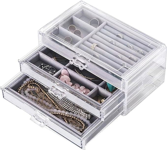 Clear Jewelry Organizer with 3 Drawers, Earring Organizer Jewelry Boxes for Women, Acrylic Earrings Display Holder for Storing Necklaces Earrings Rings, Grey