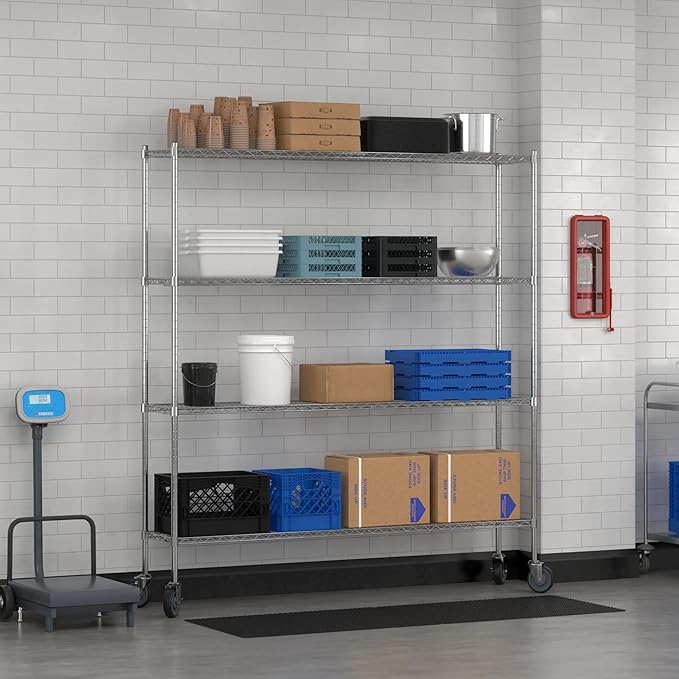 Commercial NSF Listed Chrome Mobile Wire Shelving Kit 14" x 72" x 80", with 4 Shelves Perfect for Warehouse, Walk-in Refrigerator, Freezer, Grocery Store, Restaurant, Dishroom